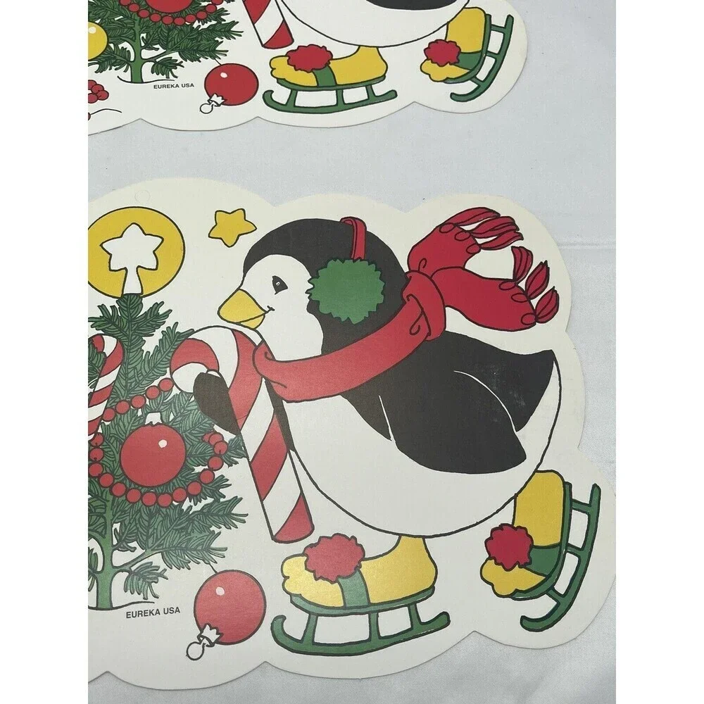 Vintage Eureka 2 Penguins Die Cut Christmas Decorations Double Sided 15” X 8”
